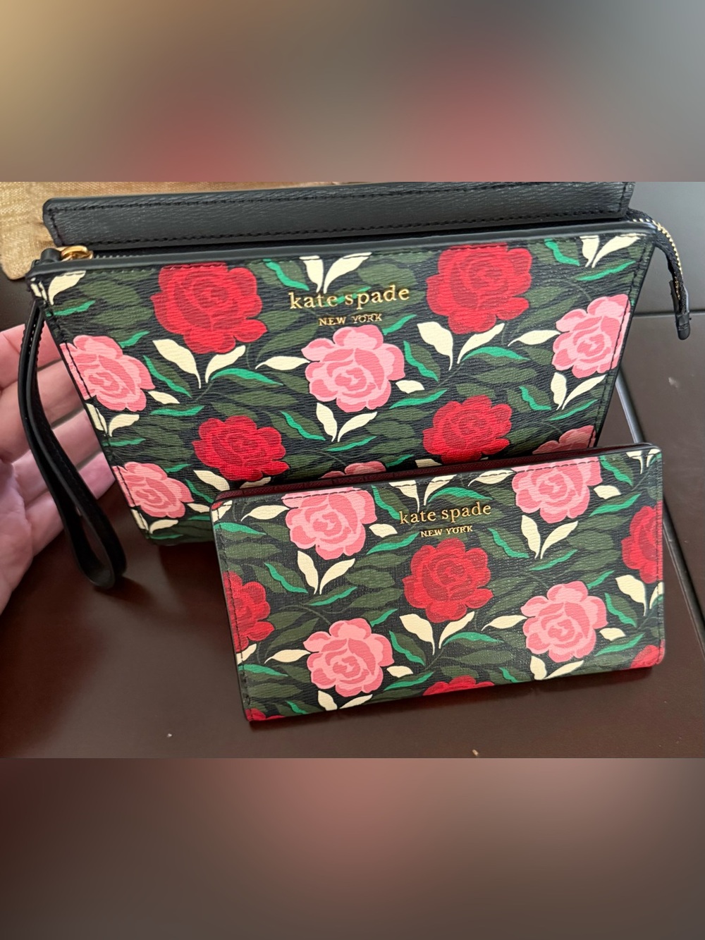 kate spade Morgan Rose Garden Black Floral Clutch/Wristlet & Wallet Set *NWT